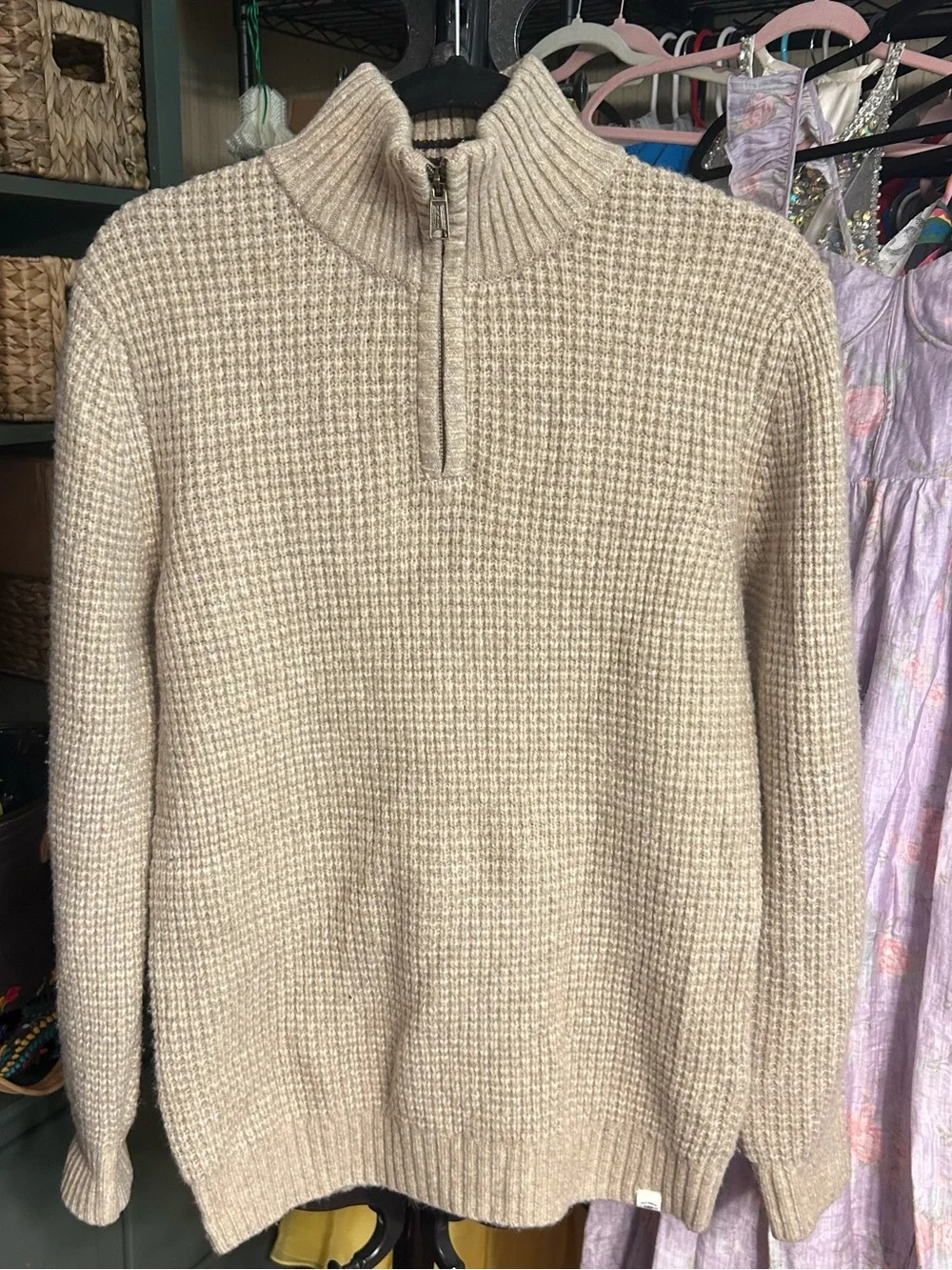 FatFace Men’s Waffle Knit Quarter Zip Mock Neck Sweater Oatmeal Small